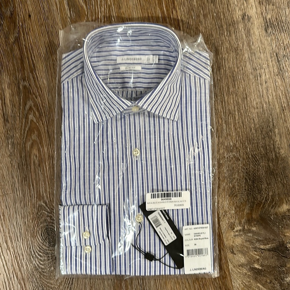 J.Lindeberg Daniele Stripe Royal Blue Slim Fit Dress Shirt Men 38 / 15 NWT